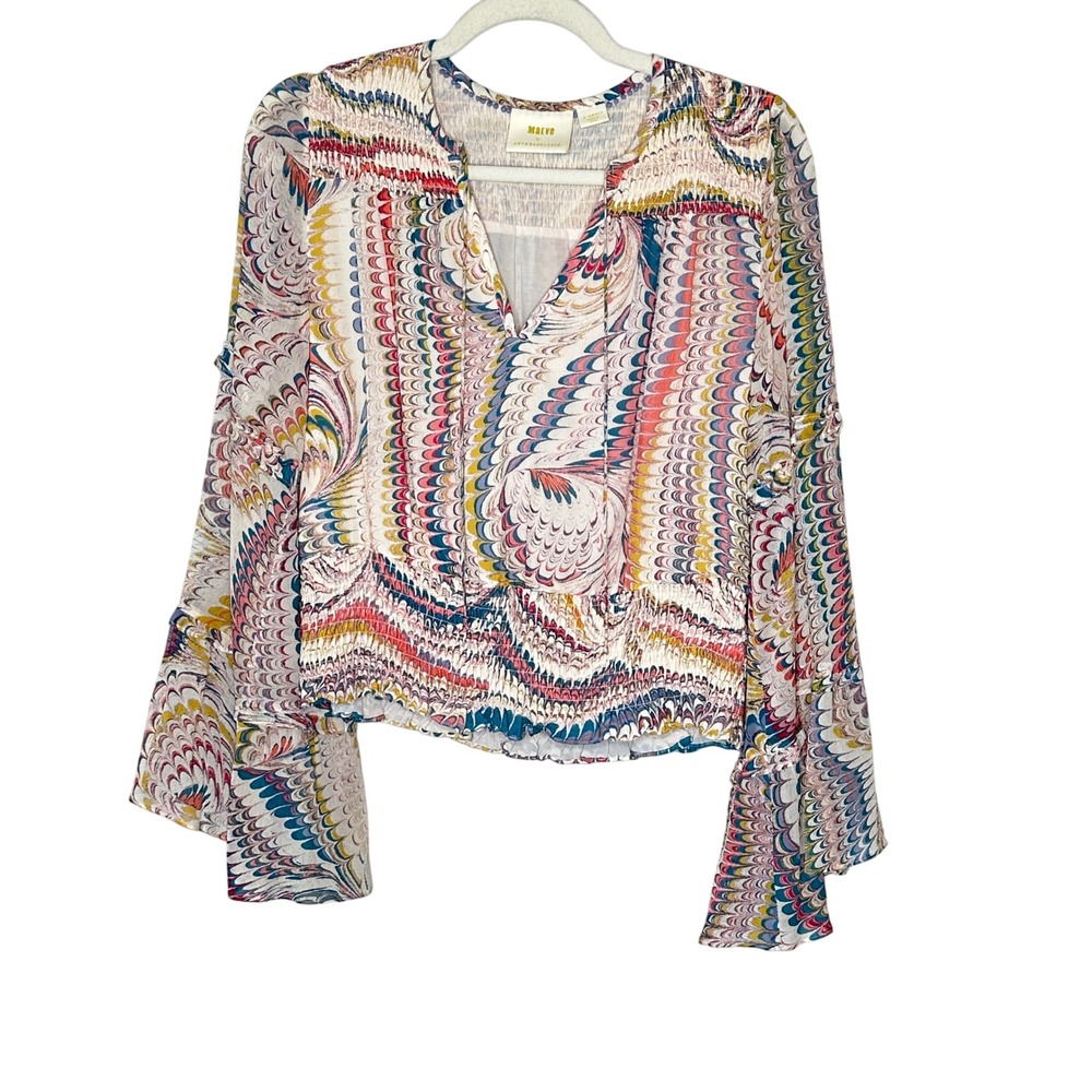 Maeve Anthropologie Marble Print Blouse Long Bell‎ Sleeve Smocked Ruffle XS Boho